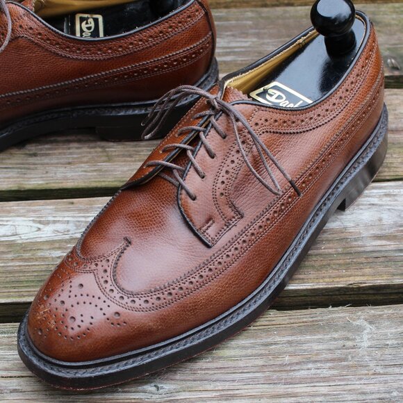 Vintage 80s Florsheim "Gunboat" Wingtips Brown Pebbled Leather, 9 EEE - Picture 4 of 13
